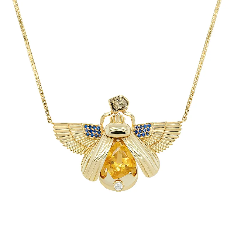 Adjustable Gold Necklace for Everyday Wear-Scarab Necklace - Citrine + Pyrite