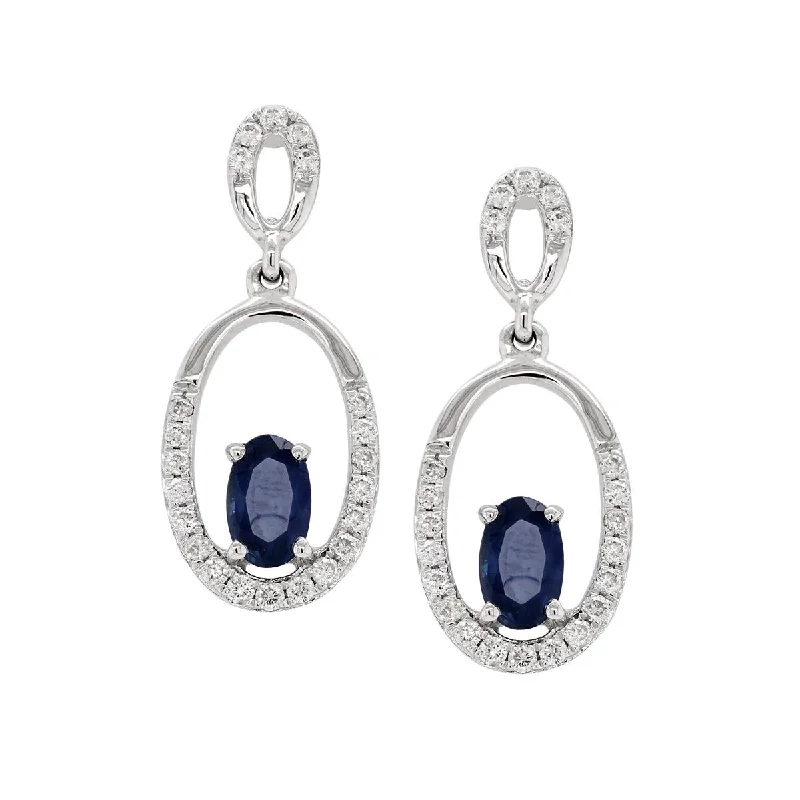 Fashion Earrings for Teenagers-WHITE GOLD DANGLE EARRINGS WITH DIAMONDS AND OVAL SAPPHIRES, .20 CT TW