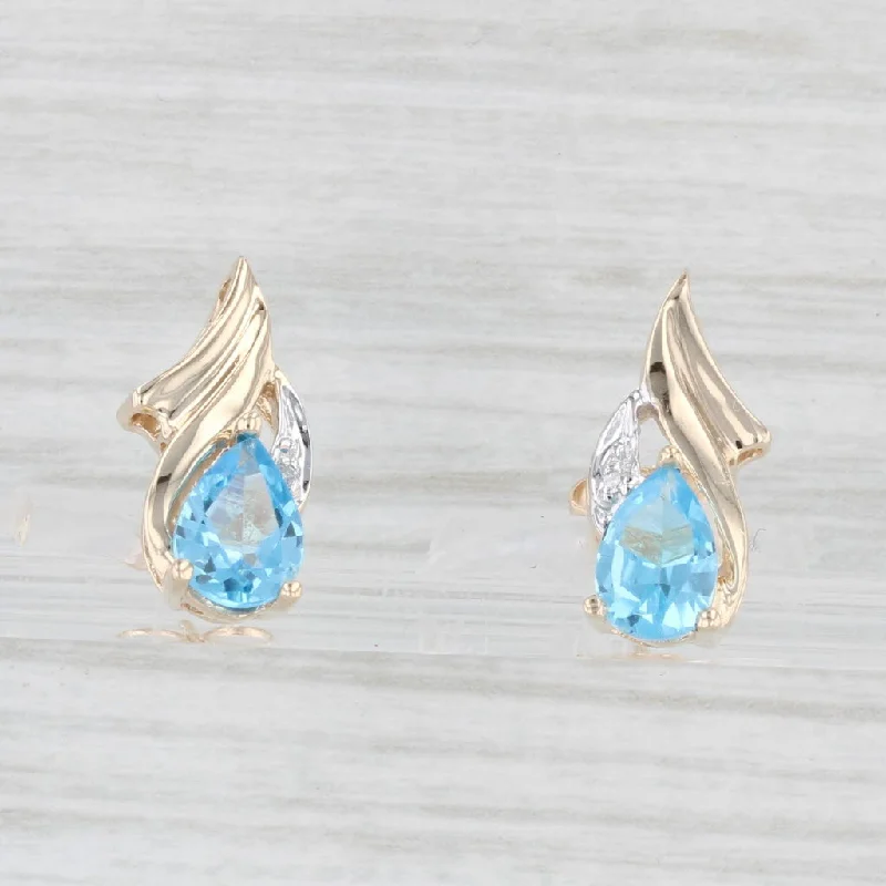 Emerald Cut Earrings-1.60ctw Pear Blue Topaz Diamond Stud Earrings 10k Yellow Gold Diamond Accents