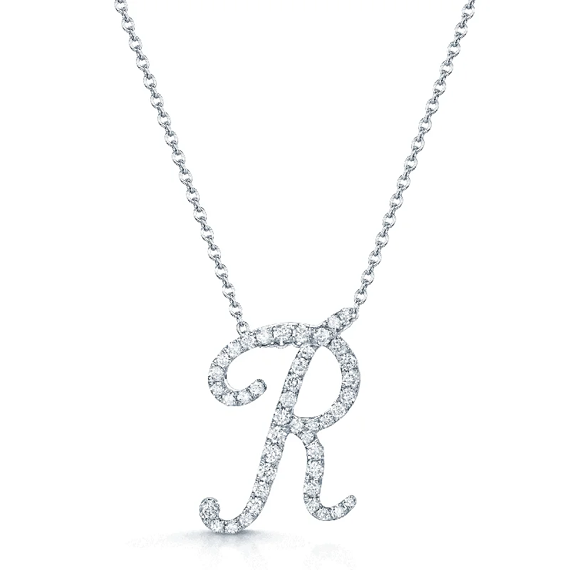 Personalized Heart-Shaped Necklace-18ct White Gold Diamond Initial "R" Pendant