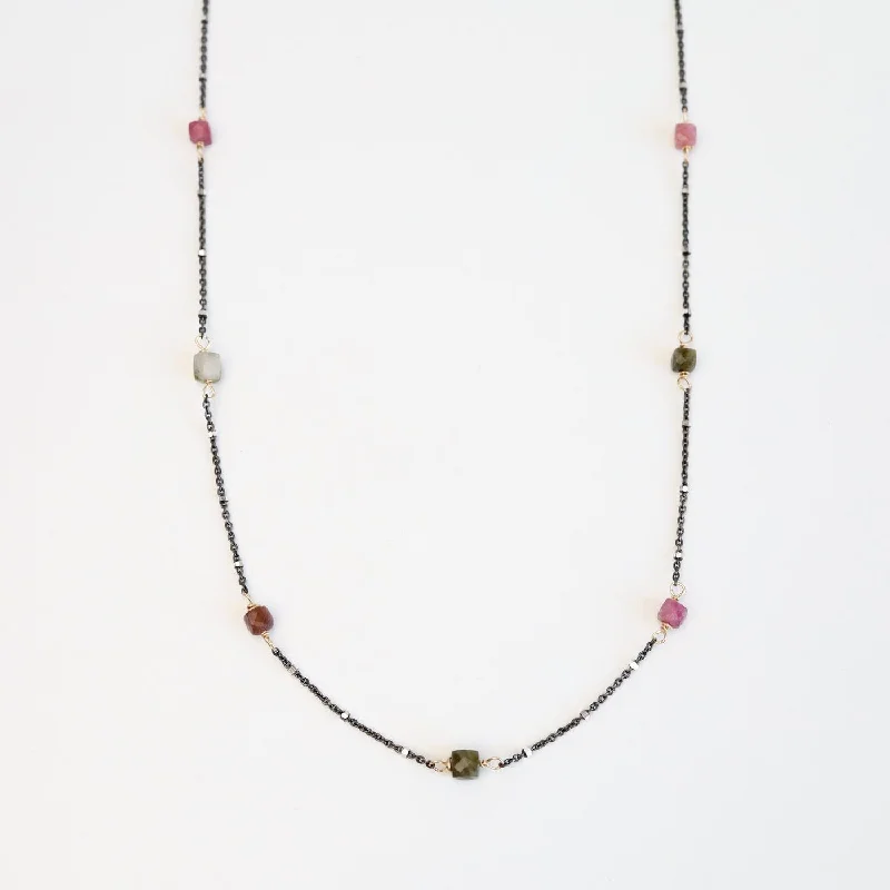 Gold Chain Necklace with Pendant-Watermelon Tourmaline Cube Station Necklace