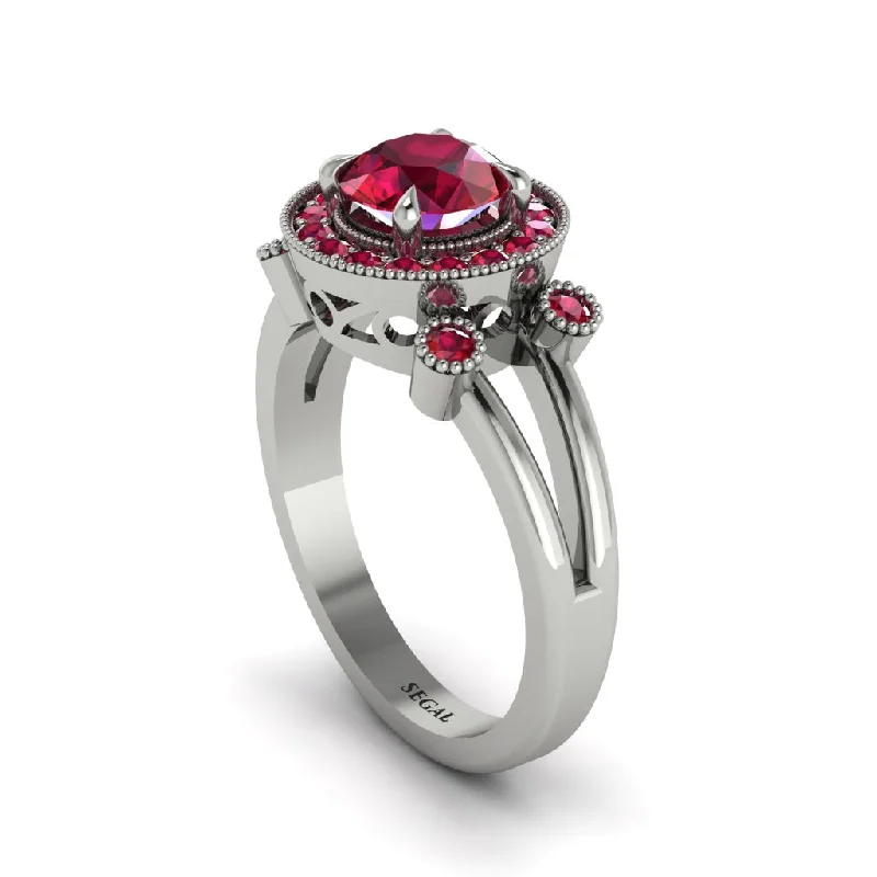 Fashionable Ring with Colored Stones-Radiant Ruby Halo Gold Engagement Ring - Madilyn No. 57