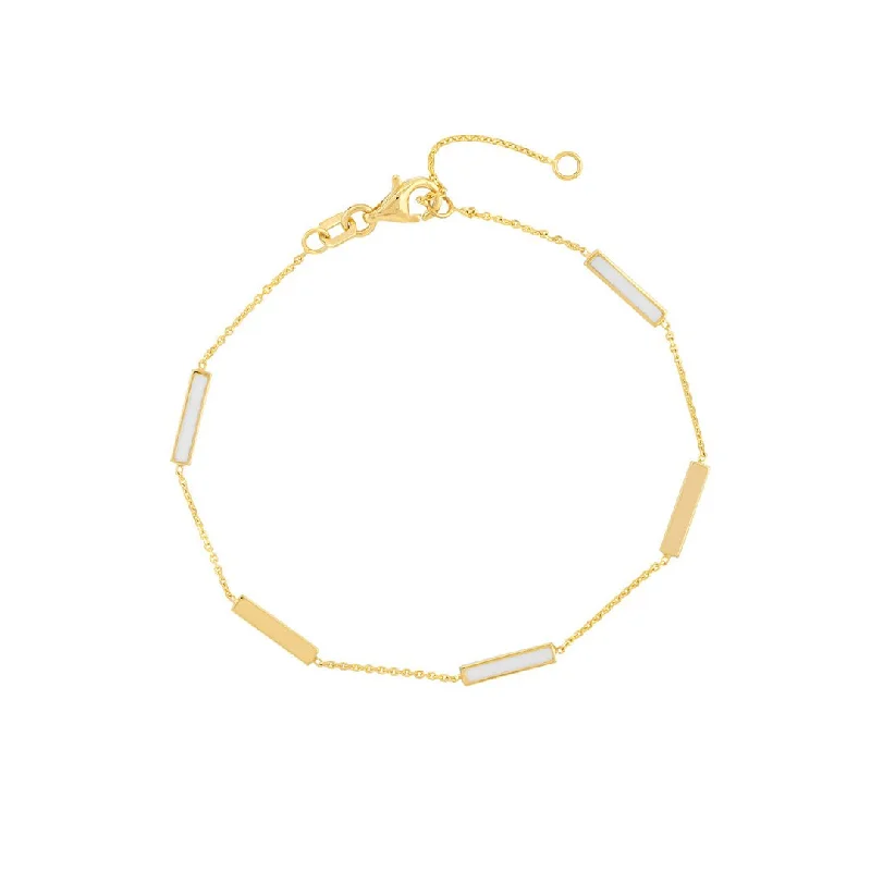 Elegant Gold Bracelet with Circular Inlays-White Enamel Alternating Bar Station Bracelet