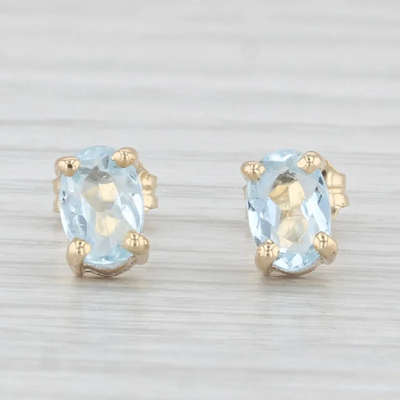 Unique Bridal Earrings-0.80ctw Aquamarine Stud Earrings 14k Yellow Gold Oval Solitaires