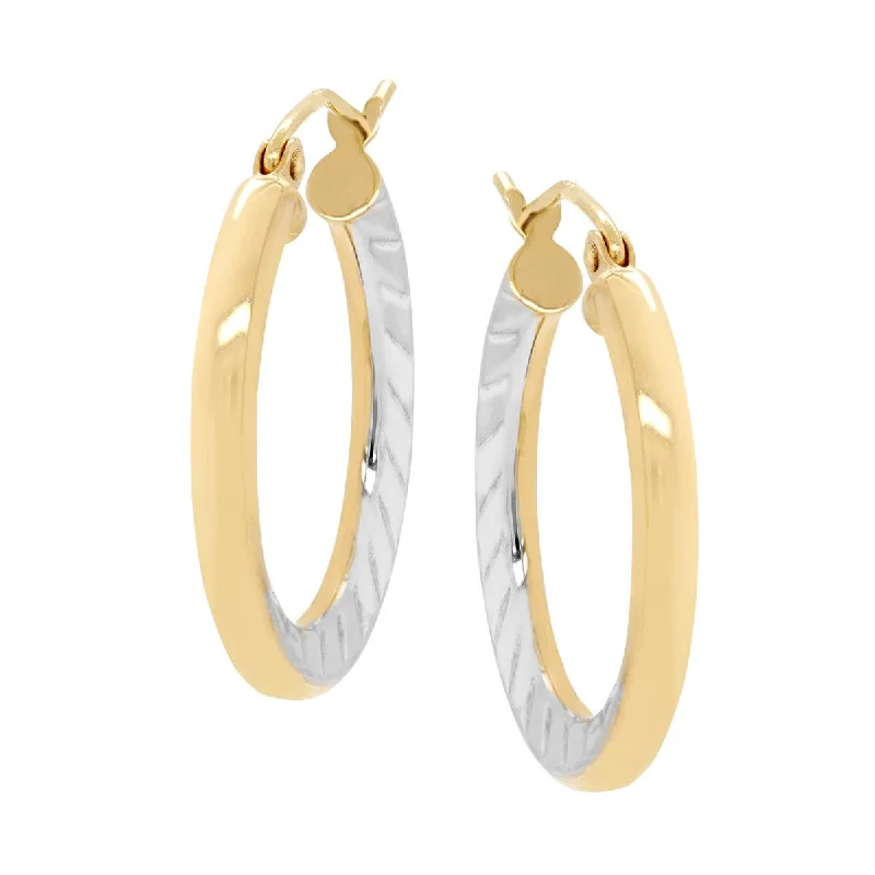 Wedding Stud Earrings-TWO-TONE GOLD HOOP EARRINGS WITH DIAMOND CUT TEXTURE