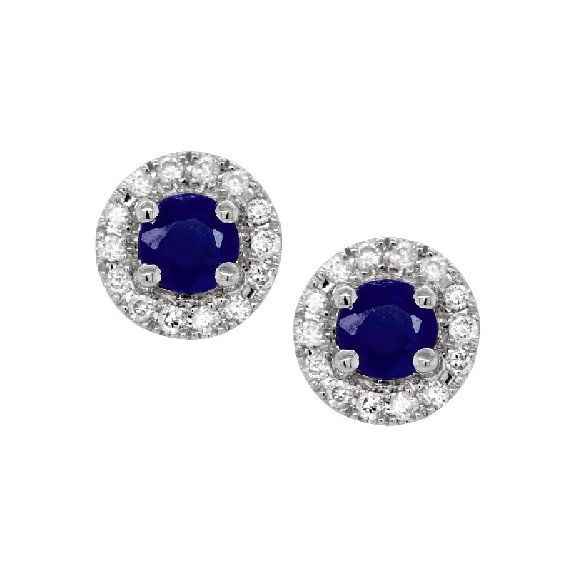 Emerald Cut Earrings-WHITE GOLD SAPPHIRE STUD EARRINGS WITH DIAMOND HALOS, .10 CT TW