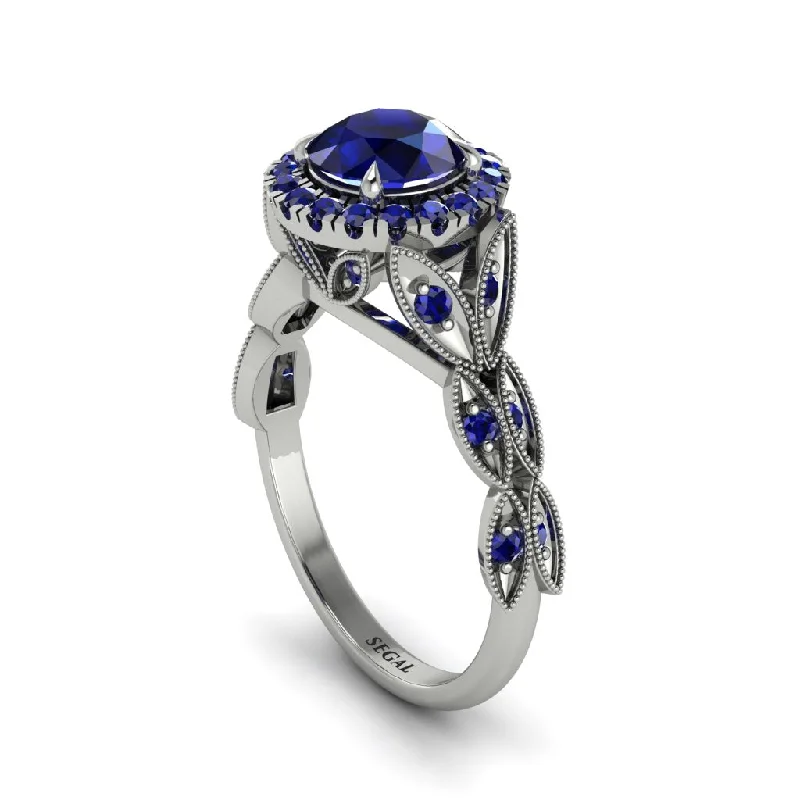 Elegant Men’s Ring with Engraving-Sapphire Halo Nature Inspired Leaf Engagement Ring - Alessandra No. 75