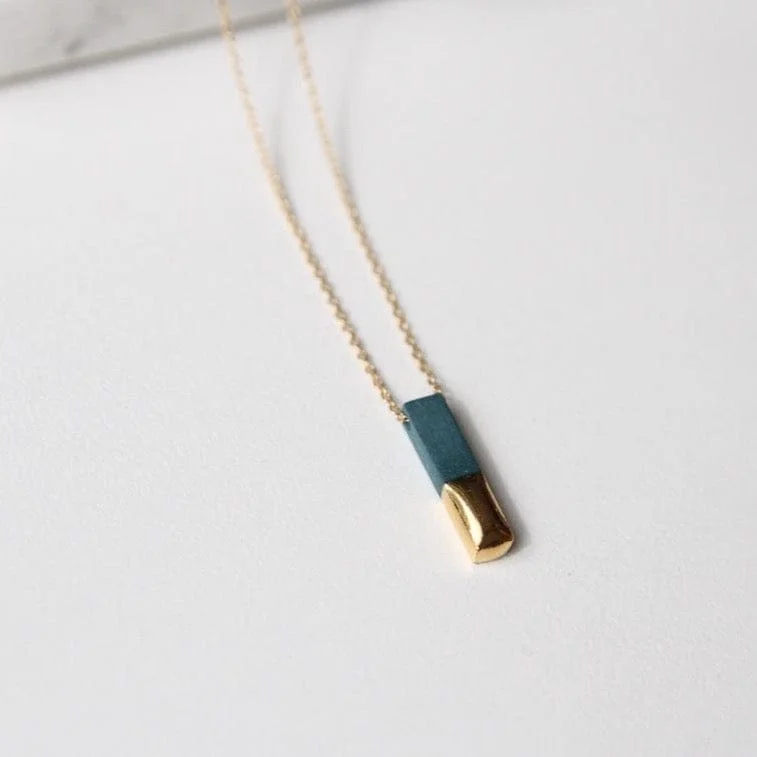 Personalized Charm Necklace for Girls-Teal Gold Dipped Bar Necklace