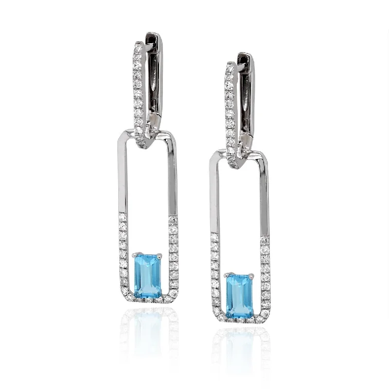 Modern Gold Earrings-MODERN WHITE GOLD DANGLE EARRINGS WITH EMERALD CUT BLUE TOPAZ AND DIAMONDS, .37 CT TW