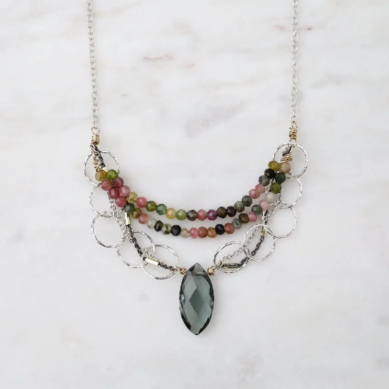 Sparkling Necklace with Pearls and Diamonds-Rainbow Tourmaline Necklace