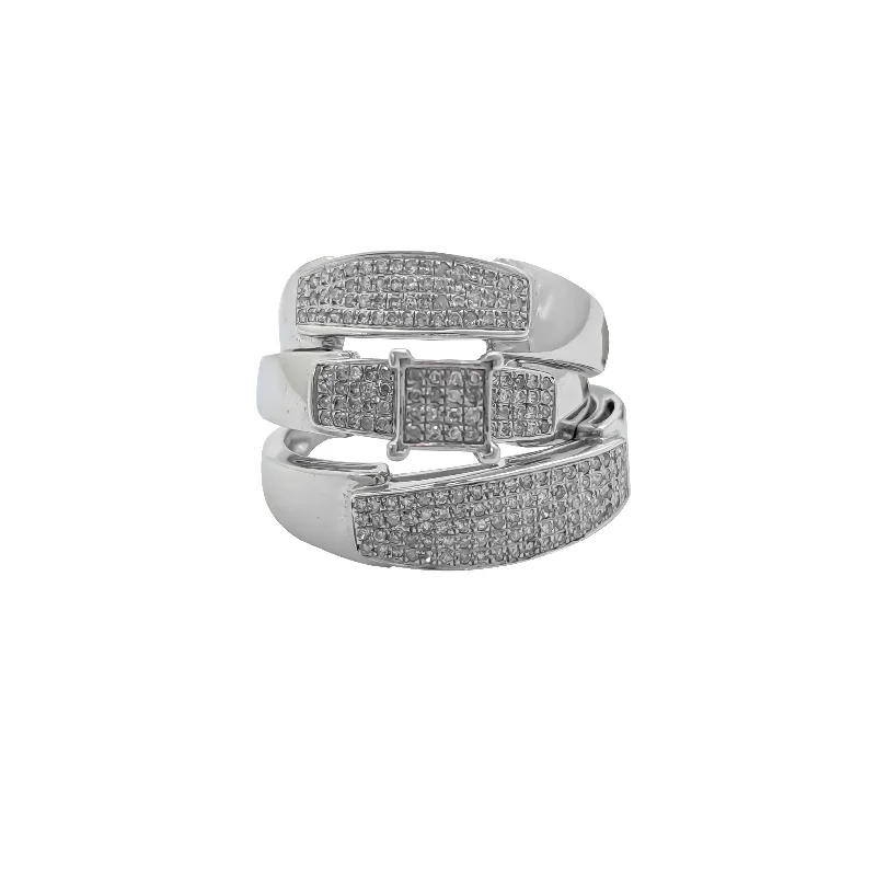 Trendy Stackable Silver Rings for Women-Bezel Square Three-Piece Engagement Ring White Gold (10K)