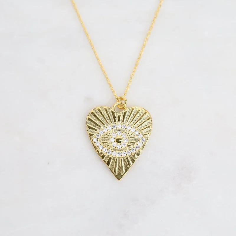 Large Pendant Necklace for Women-Gold Heart with Evil Eye Necklace