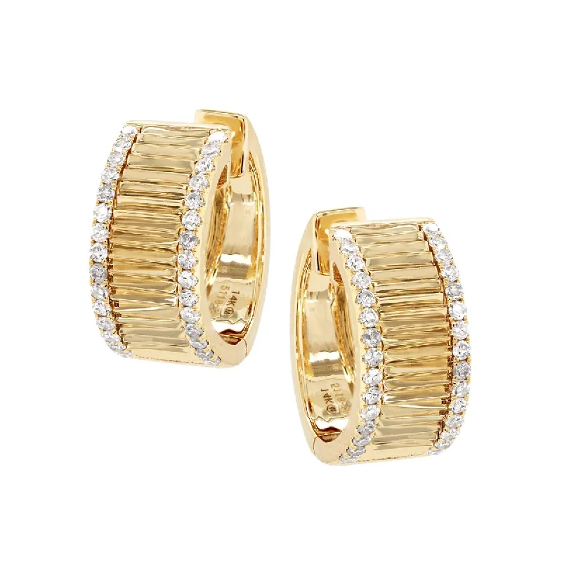 Boho Style Earrings-YELLOW GOLD WIDE TEXTURED HOOP EARRINGS WITH DIAMONDS, .42 CT TW