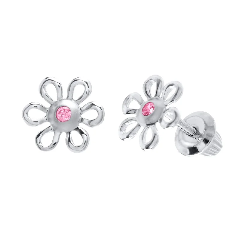 Swarovski Crystal Earrings-STERLING SILVER CHILDREN'S FLORAL EARRINGS WITH PINK CUBIC ZIRCONIA