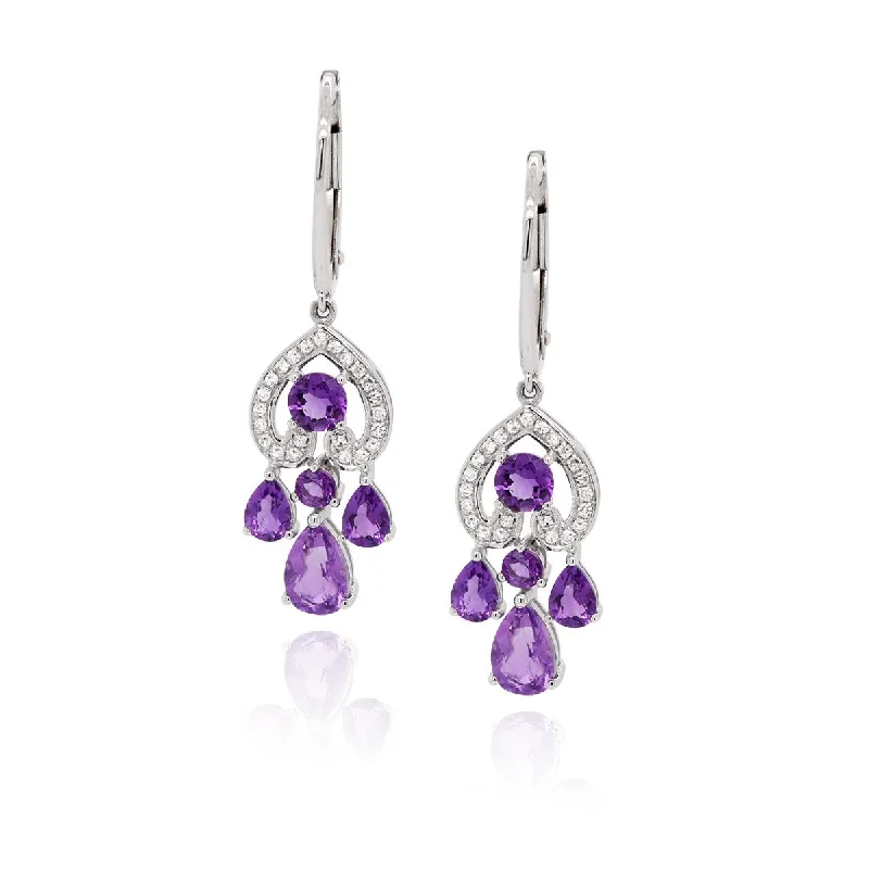 Luxury Gold Earrings-WHITE GOLD DANGLE EARRINGS WITH FANCY CUT AMETHYSTS AND DIAMONDS, .12 CT TW