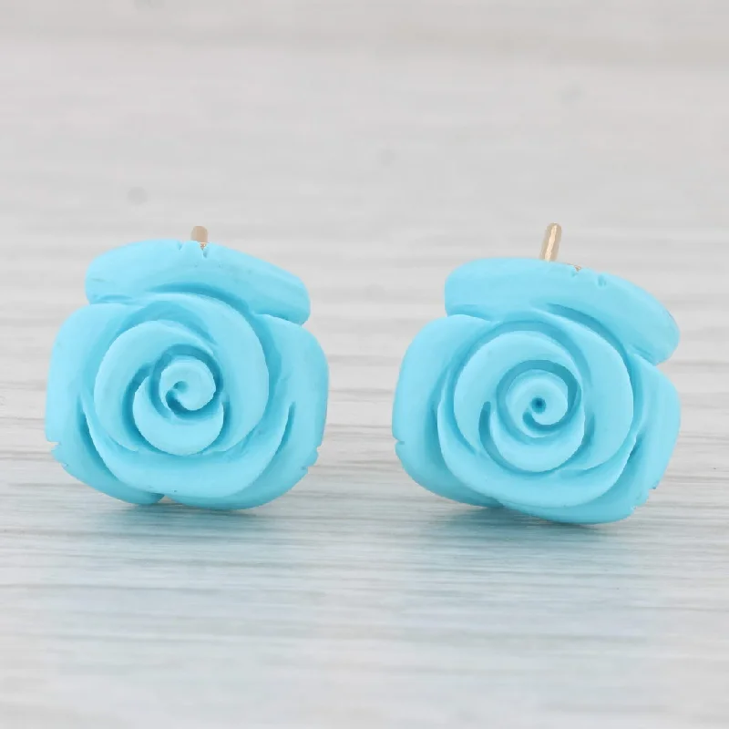 Casual Stud Earrings-Imitation Carved Turquoise Flower Stud Earrings 14k Yellow Gold Omega Backs