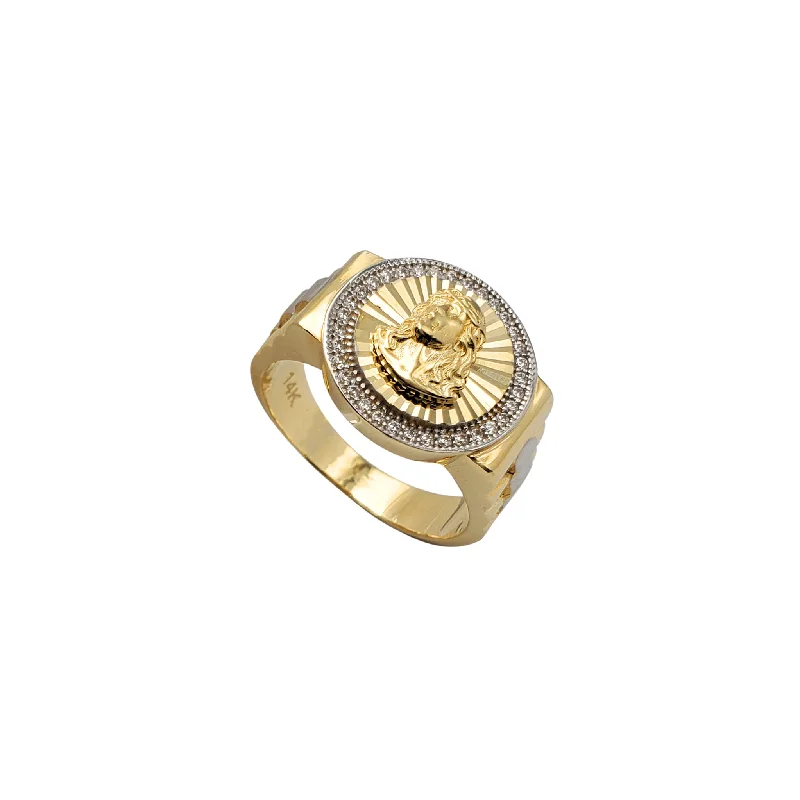 Simple Platinum Ring for Weddings-Zirconia Two-Tone Fluted Signet Jesus Emblem Ring (14K)