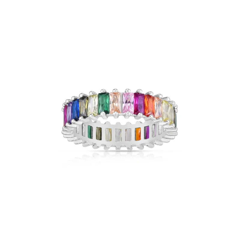 Classic Wedding Ring Set for Couples-Rainbow Baguette Zirconia Eternity Ring (Silver)