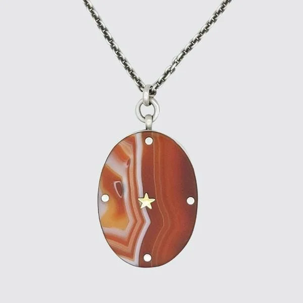 Classic Silver Pendant Necklace-Large Oval Banded Carnelian Pendant Necklace with Gold Star