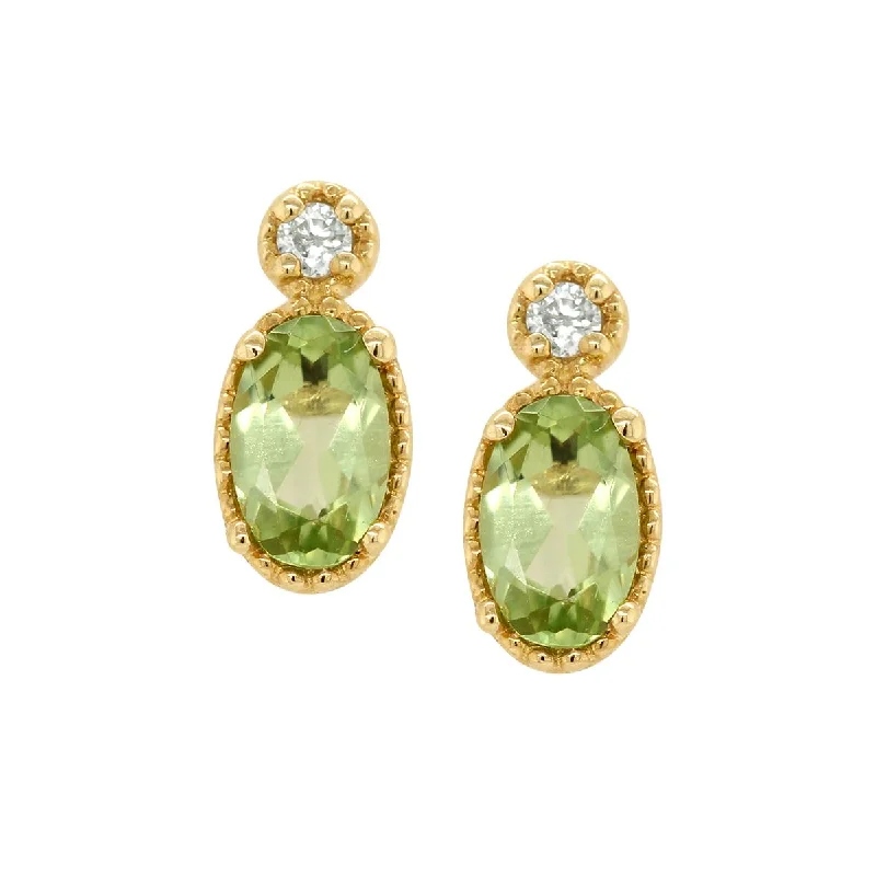 Blue Sapphire Earrings-YELLOW GOLD OVAL PERIDOT DANGLE EARRINGS WITH DIAMONDS, .03 CT TW