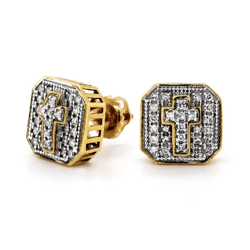 Vintage Earrings for Women-YELLOW GOLD CROSS DIAMOND PAVE STUD EARRINGS, 1/4 CT TW