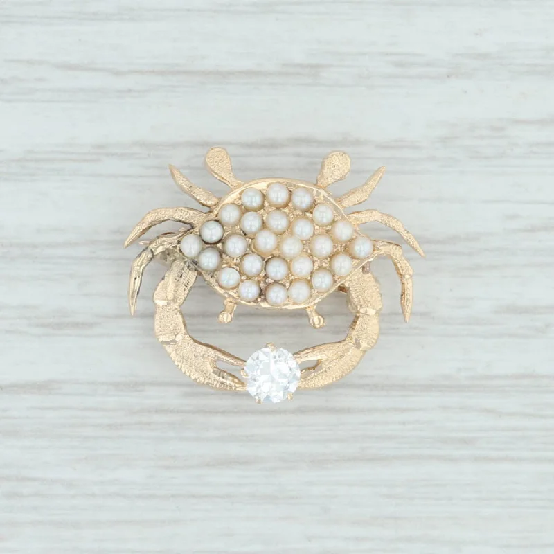 Personalized Heart Brooch with Custom Engraving-Pearl 0.34ct Diamond Crab Brooch Pendant 14k Yellow Gold Nautical Pin