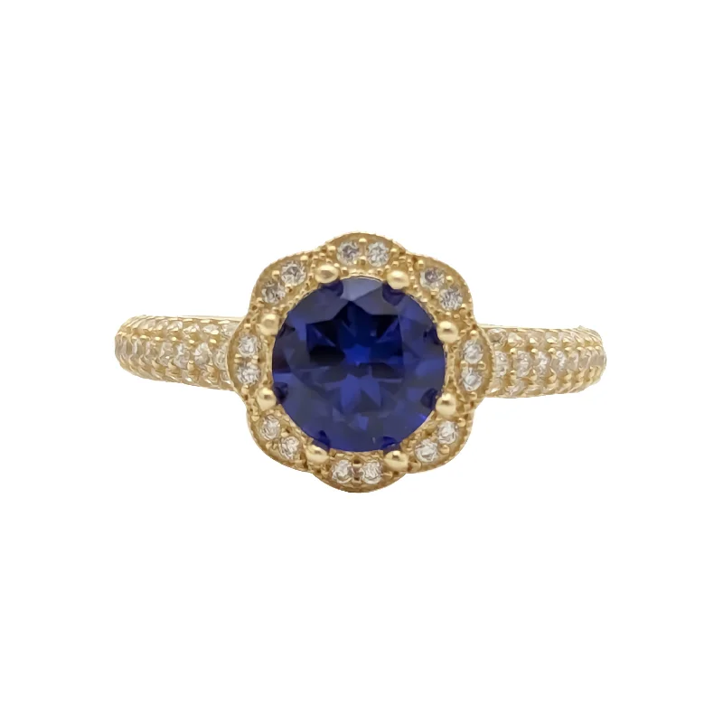 Fashionable Silver Ring with Gemstones-Sapphire Halo Pave Lady Ring (14K)