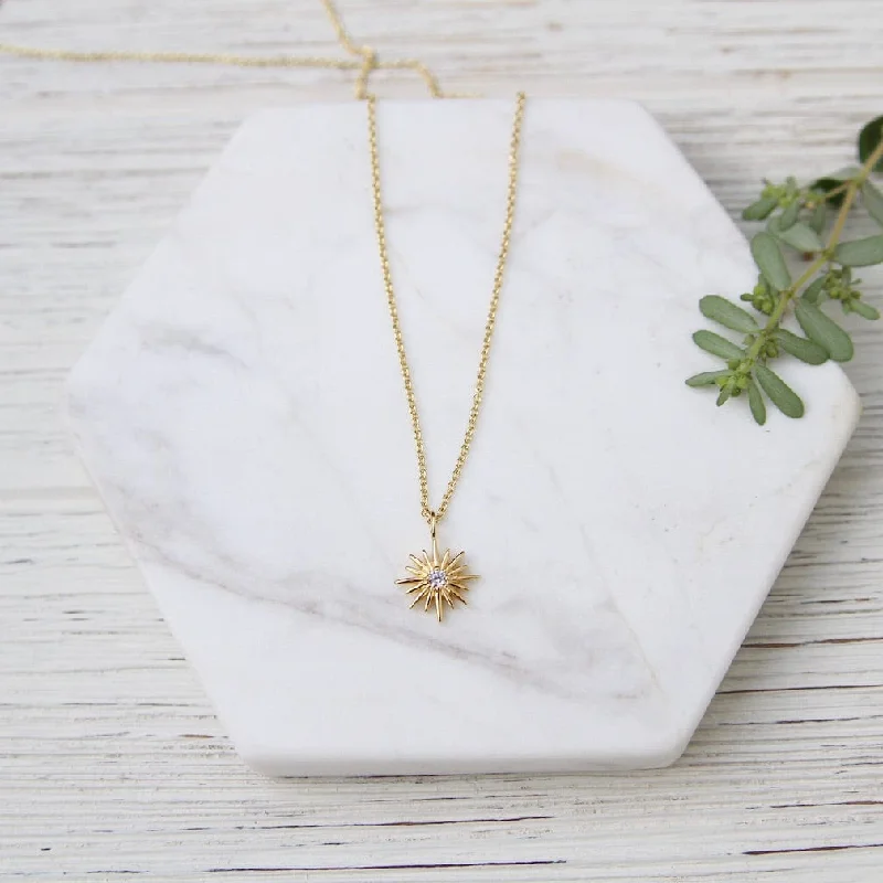 Minimalist Silver Bar Necklace-Sunburst with Center CZ Necklace - 14k Gold Vermei