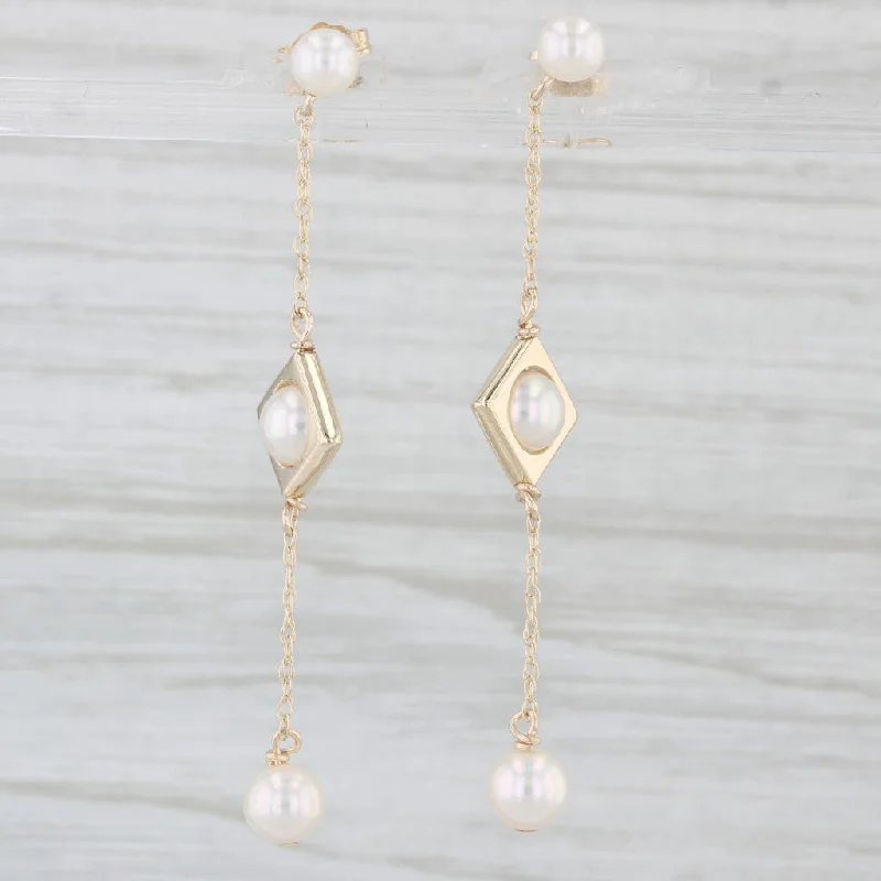 Bold Hoop Earrings-Cultured Pearl Drop Earrings 14k Yellow Gold Drops 3-Stone Drop