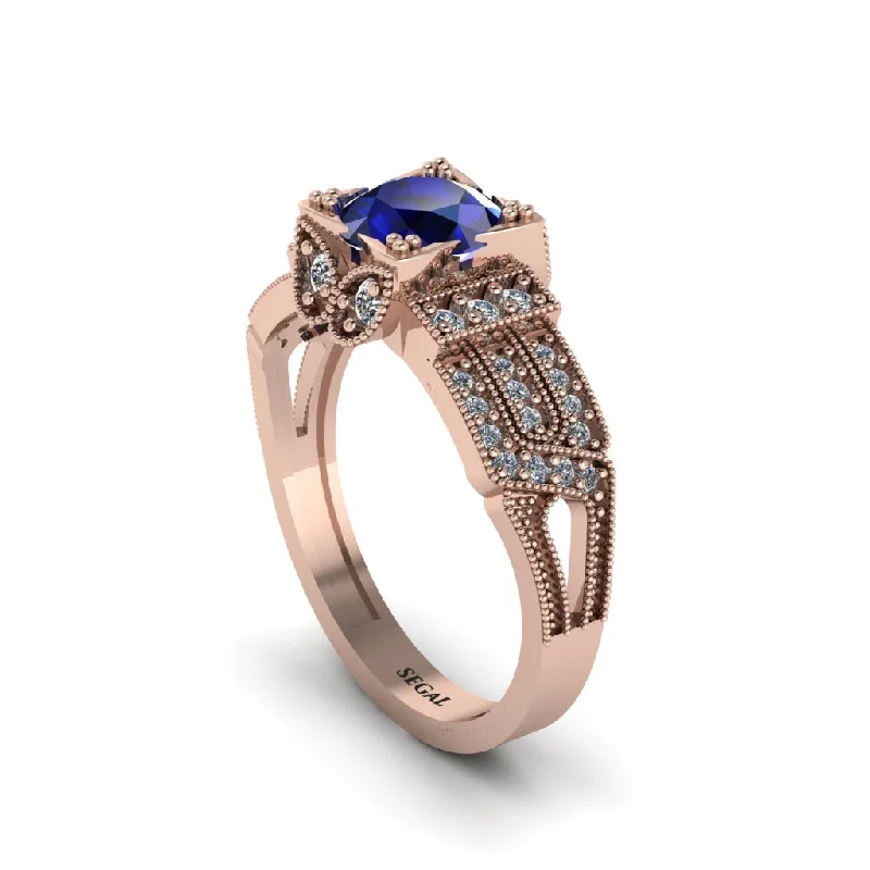 Luxury Diamond Ring for Anniversary-Sapphire Milgrain Gold Engagement Ring - Lyric No. 14