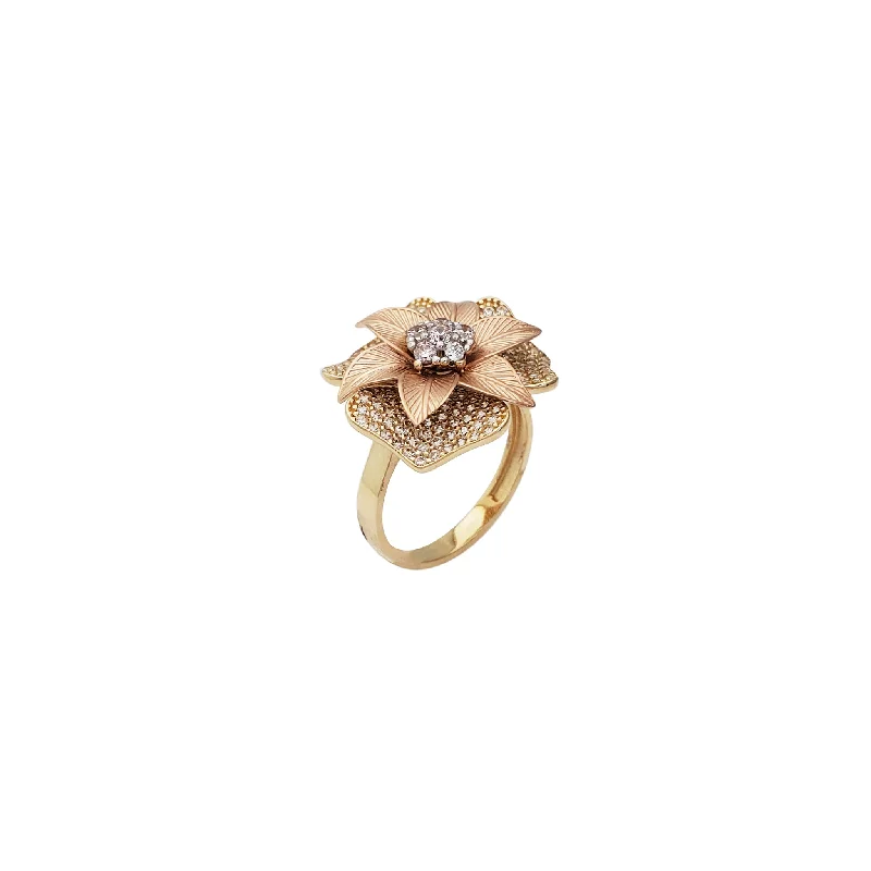 Customizable Gold Ring with Message-Widing Petals Flower CZ Ring (14K)