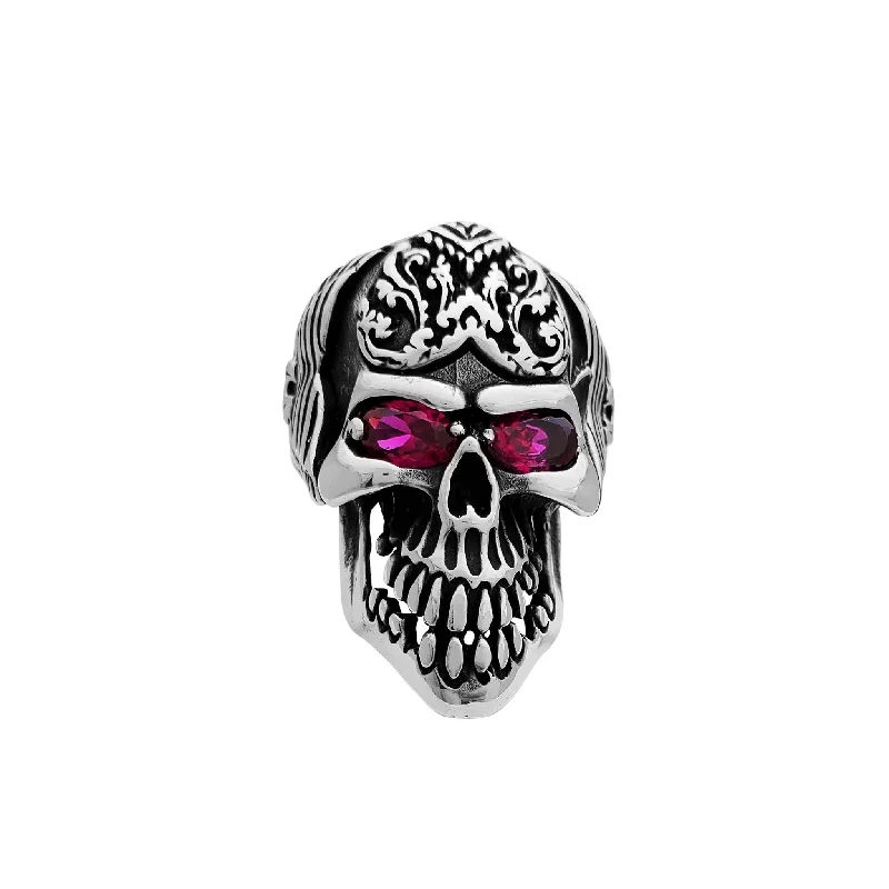 Fashionable Cocktail Ring with Colored Stones-Antique Finish Red-Eyes Skull Ring (Silver)