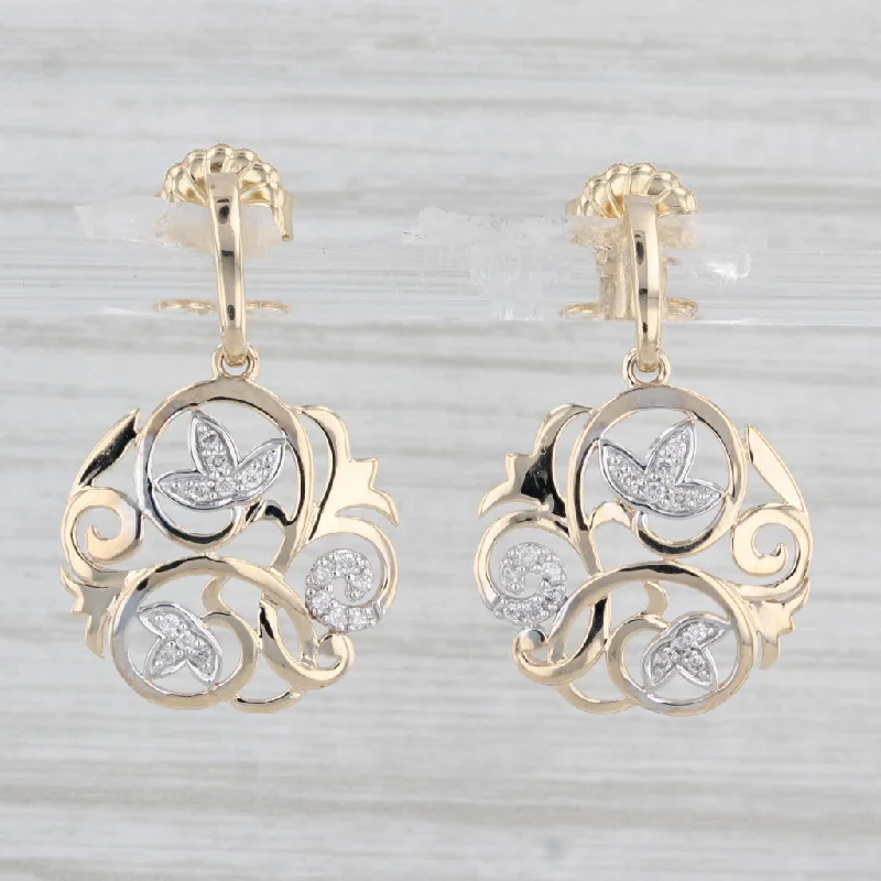 Silver Teardrop Earrings-Diamond Flower Openwork Dangle Earrings 10k Yellow Gold Drops