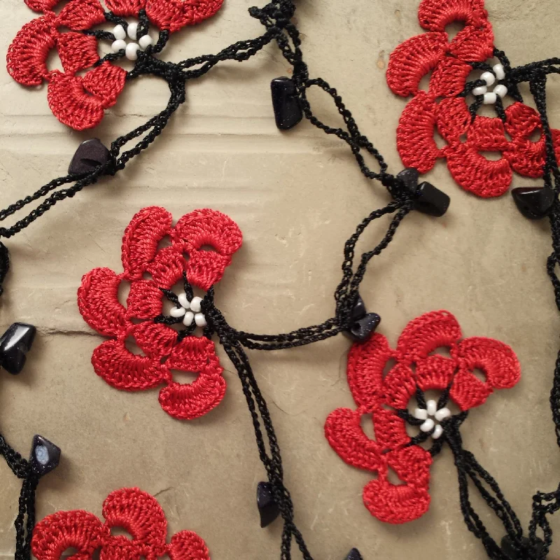 Unique Gold Necklace for Fashion-Red & Black Crocheted Lariat Necklace