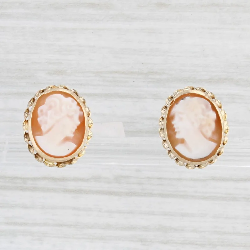 3D Earrings for Women-Figural Carved Shall Cameo Stud Earrings 14k Yellow Gold