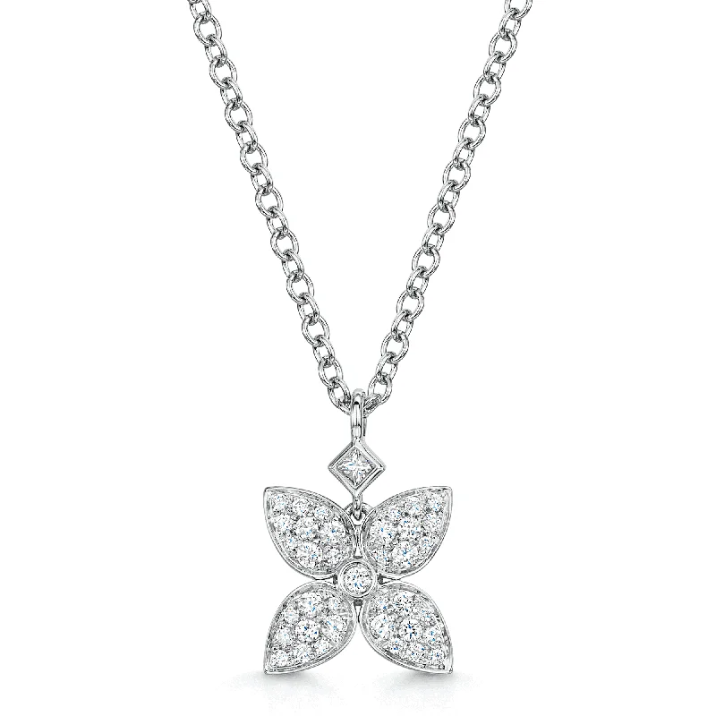 Personalized Family Tree Necklace-18ct White Gold Flower Pendant With Diamond Pave Set Petals