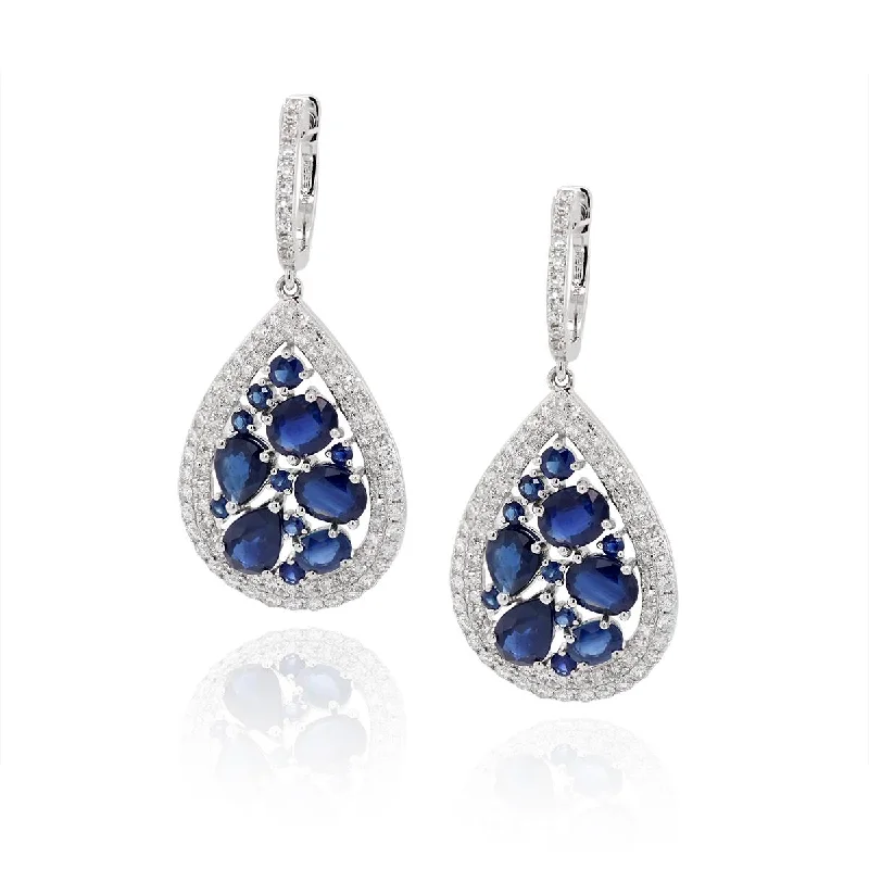 Classic Hoop Earrings-WHITE GOLD TEAR SHAPED DANGLE EARRINGS WITH SAPPHIRE AND DIAMONDS, 1.00 CT TW