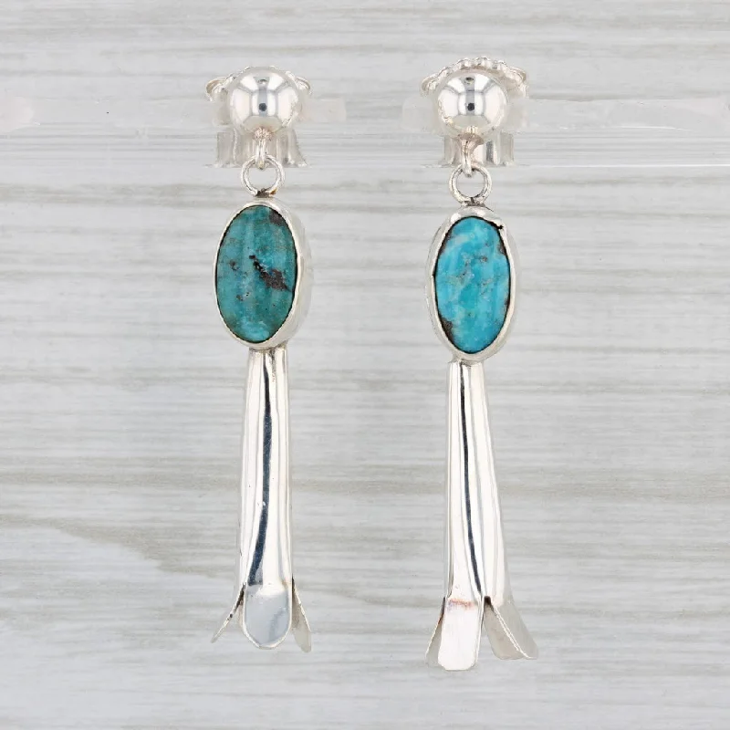 Personalized Crystal Earrings-Native American Squash Blossom Turquoise Dangle Earrings Sterling Silver Vintage