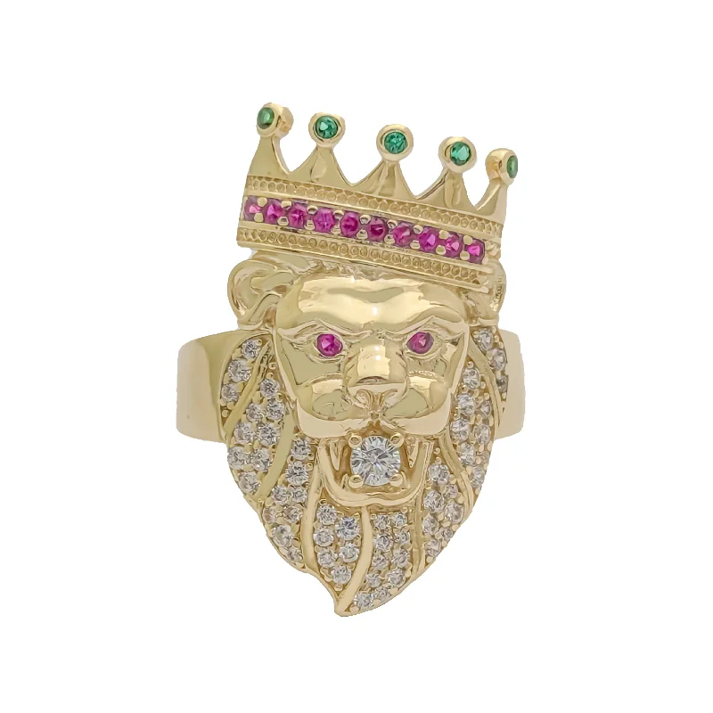 Designer Gold Ring with Colored Gemstones-Tri-Tone King Lion CZ Ring (14K)