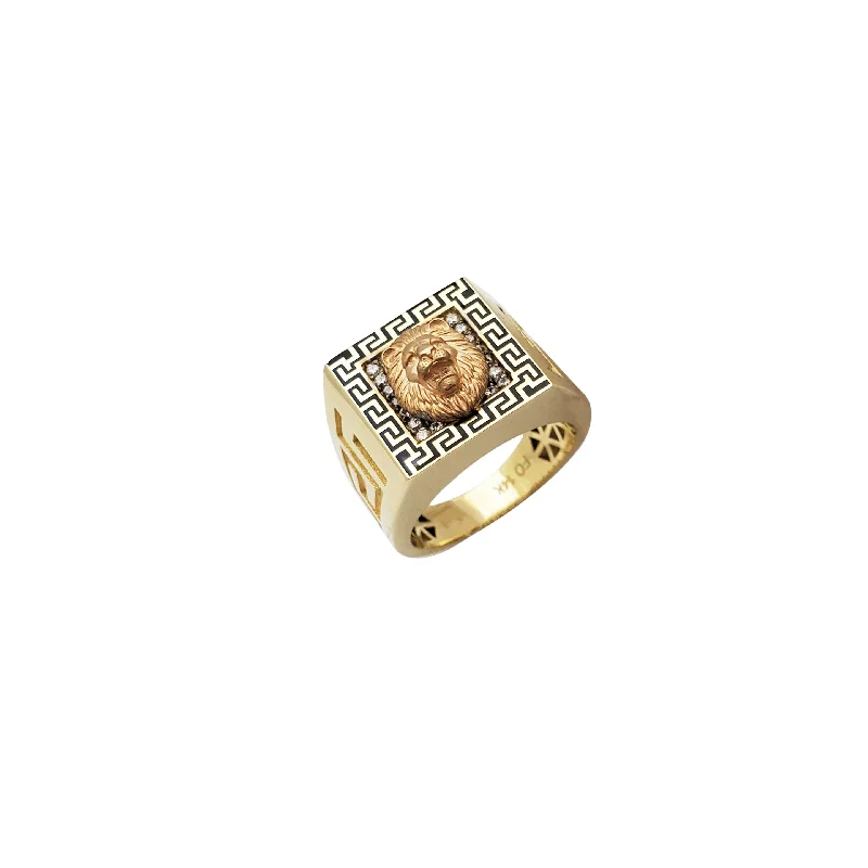 Custom Diamond Ring for Weddings-Greek Key Square Lion Ring (14K)