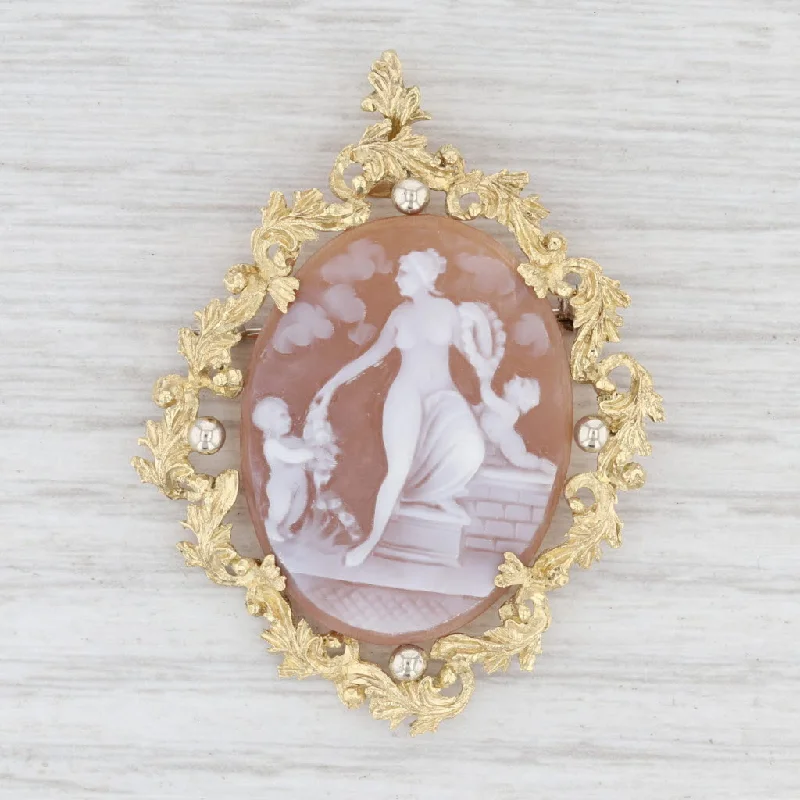 Simple Silver Brooch with Elegant Flower Shape-Figural Carved Shell Cameo Pendant Brooch 10k Gold Floral Wreath Woman Children