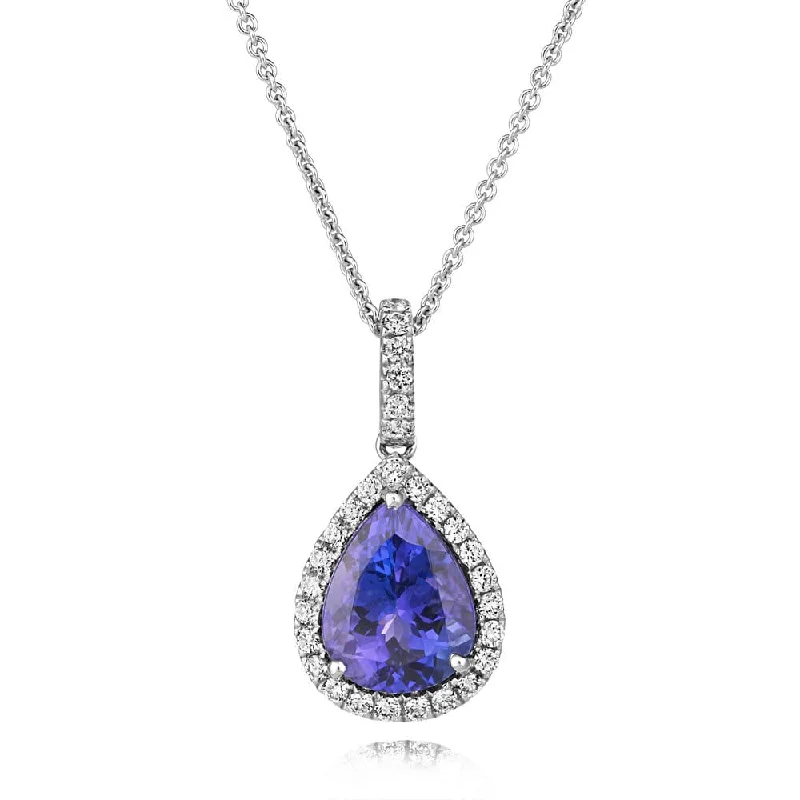 Colorful Gemstone Necklace for Women-18ct White Gold Pear Shaped Tanzanite & Diamond Cluster Pendant