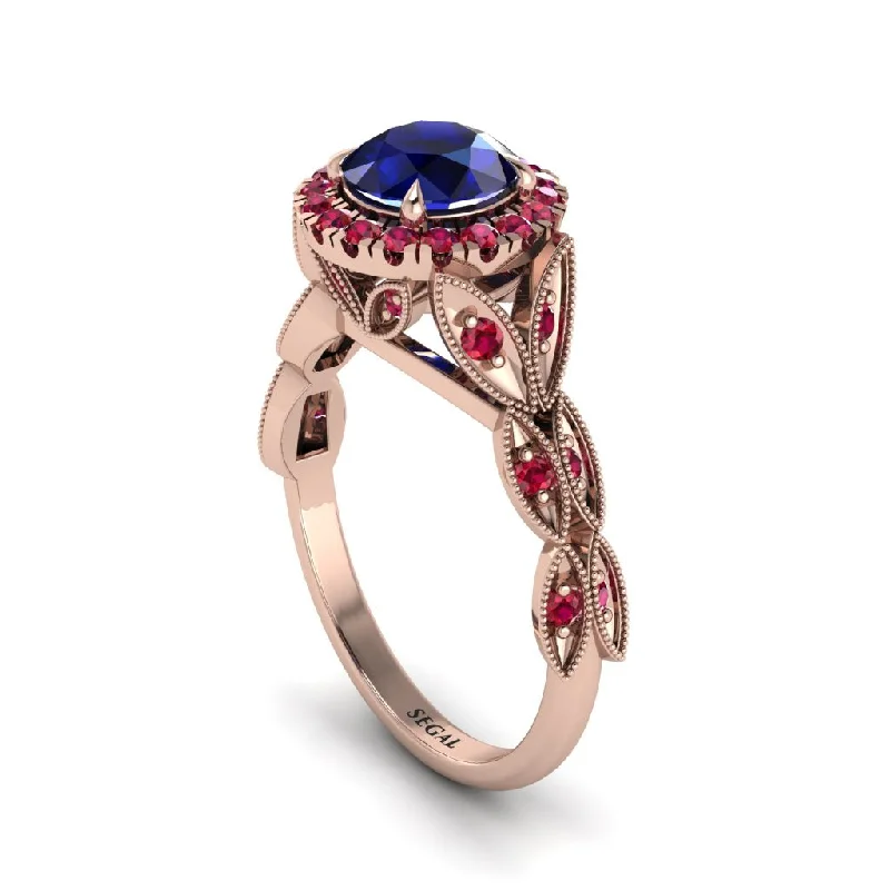 Trendy Stacking Rings for Women-Sapphire Halo Nature Inspired Leaf Engagement Ring - Alessandra No. 59