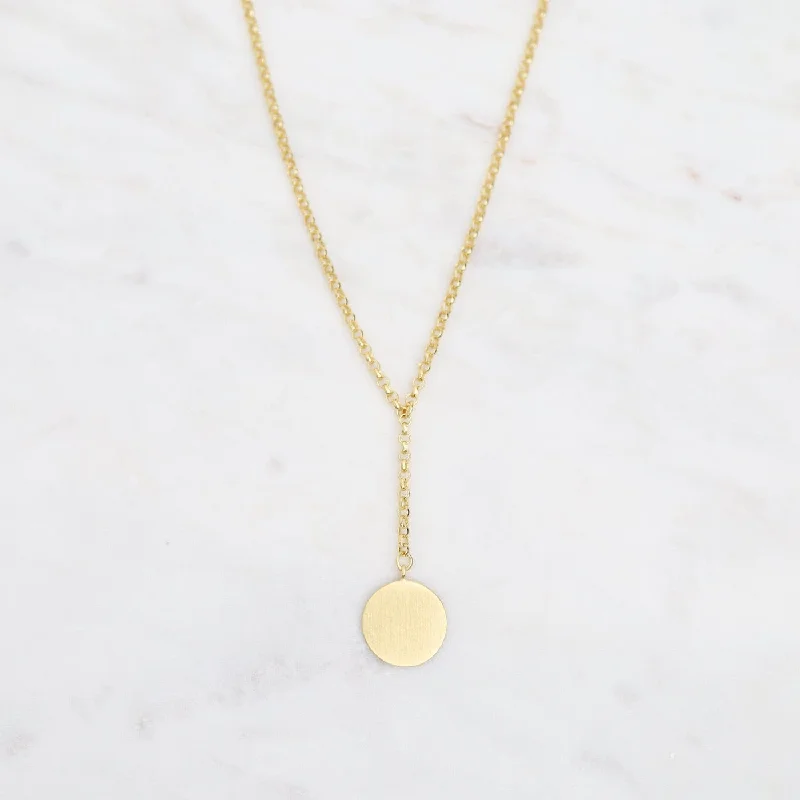 Handmade Silver Necklace for Weddings-Brushed Gold Vermeil Disc Drop "Y" Necklace