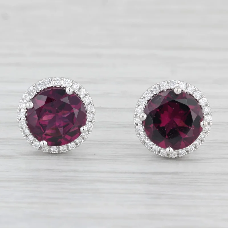 Artistic Stud Earrings-New 4.15ctw Rhodolite Garnet Diamond Halo Stud Earrings 14k White Gold