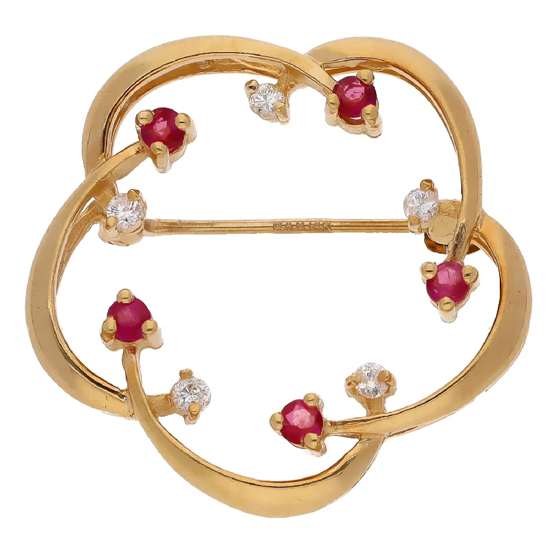 Elegant Flower Brooch with Gemstone Details-14K Yellow Gold Diamond and Ruby Pin/Brooch