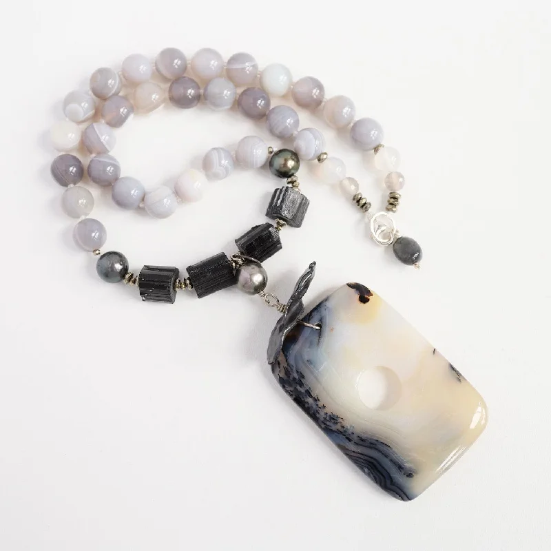 Fashionable Crystal Necklace for Casual Look-Grey Agate & Black Tourmaline with Dendritic Agate Necklace