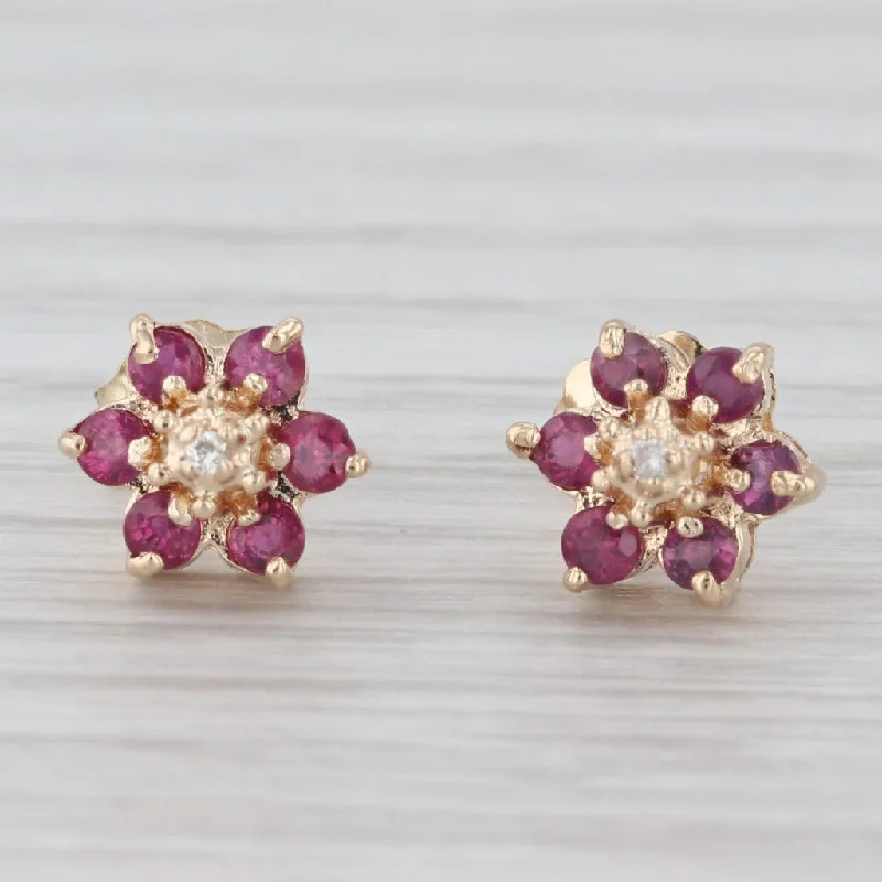 Pear Earrings for Formal Events-0.36 ctw Ruby Diamond Flower Studs 10K Yellow Gold Earrings