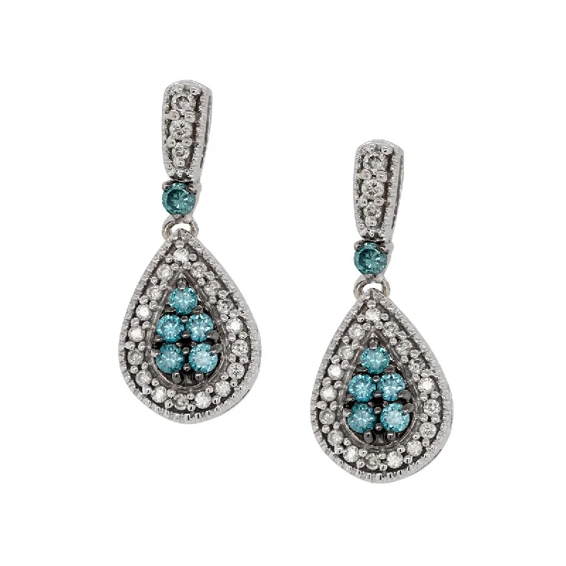 Textured Earrings for Women-WHITE GOLD DANGLE EARRINGS WITH BLUE AND WHITE DIAMONDS, 1/2 CT TW