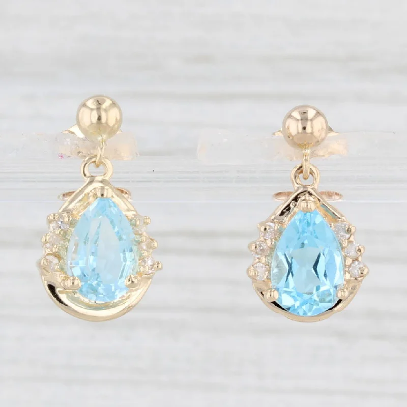 Simple Gold Stud Earrings-3.32ctw Blue Topaz Diamond Teardrop Earrings 14k Yellow Gold Pierced Drops